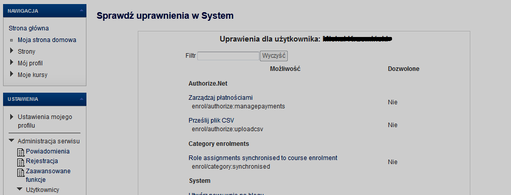 Administrator ma także możliwośd sprawdzenia uprawnieo wybranego użytkownikach