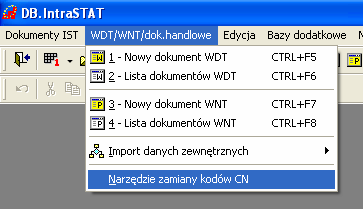 Zamiana jest możliwa tylko w ramach kodów posiadających taką samą jednostkę uzupełniającą lub jej brak. Powyższe narzędzie otwieramy z menu WDT/WNT/dok.