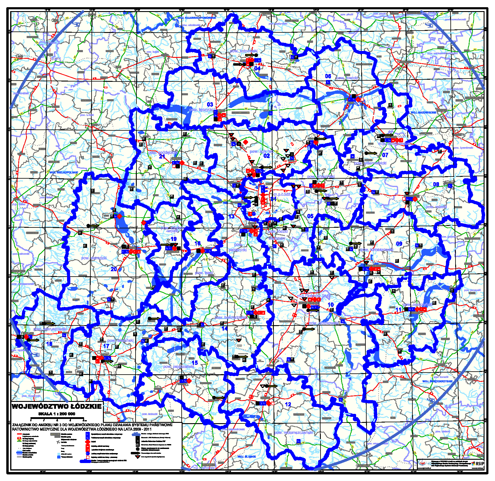 Rysunek 11. Mapa stanowiącą załącznik do Wojewódzkiego Planu Działania Systemu Państwowe Ratownictwo Medyczne dla Województwa Łódzkiego na lata 2009 2011. W 2011 r.