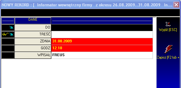 211 Zarządzanie informacją Informator wewnętrzny między użytkownikami systemu System SFSQL umoŝliwia wysyłanie wiadomości do uŝytkowników systemu.