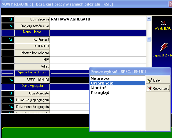 216 W polu SPEC. USŁUGI zostaniemy poproszeni o podanie jednego z 4 rodzajów karty pracy. Jest to Naprawa, Gwarancja, MontaŜ oraz Przegląd.