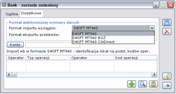 Ponieważ specyfika plików Swift MT940 jest w praktyce inna dla każdego banku, udostępnione zostały nowe predefiniowane formaty SWIFT dedykowane dla wyciągów pochodzących z banków: BGŻ format SWIFT