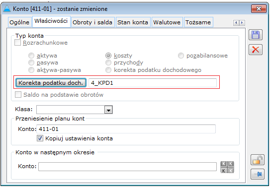 Rysunek 24 Formatka konta kosztowego, zakładka Właściwości powiązanie z kontem typu Korekta podatku dochodowego 3.