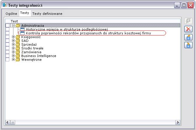 7. Struktura kosztowa 7.1. Weryfikacja poprawności struktury kosztowej W Administratorze dodany został nowy test integralności: Kontrola poprawności rekordów przypisanych do struktury kosztowej firmy.
