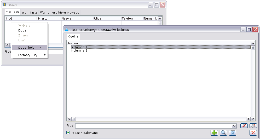 Nowy interfejs 1. Dodawanie własnych kolumn 1.1. Lista Banków W wersji 2014.0 Systemu Comarch ERP XL na wybranej liście tj. Banków, udostępniony został prototyp mechanizmu dodawania własnych kolumn.