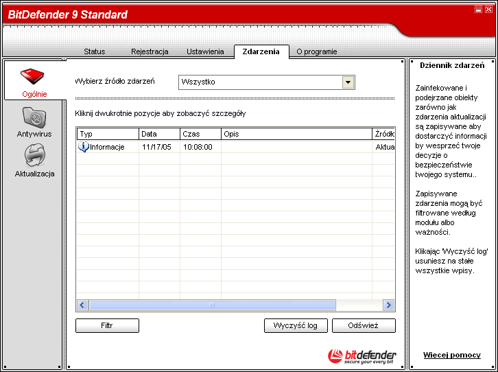 06 Konsola zarzadzajaca Moduł Ogólne Dziennik zdarzeń Wszystkie zdarzenia wygenerowane przez BitDefender są wyświetlone w tej sekcji. Istnieją 3 typy zdarzeń: Informacje, Ostrzeżenie i Krytyczne.