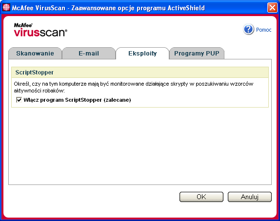 Korzystanie z programu ActiveShield Jeśli dla programu ActiveShield uaktywniono domyślną opcję Włącz program ScriptStopper (zalecane) dostępną w oknie dialogowym Opcje zaawansowane, aplikacja