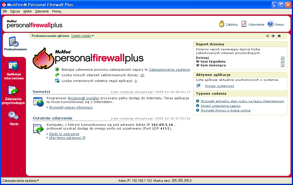 McAfee Personal Firewall Plus Informacje o stronie Podsumowanie Podsumowanie w programie Personal Firewall zawiera cztery strony podsumowania: Podsumowanie główne Podsumowanie aplikacji Podsumowanie