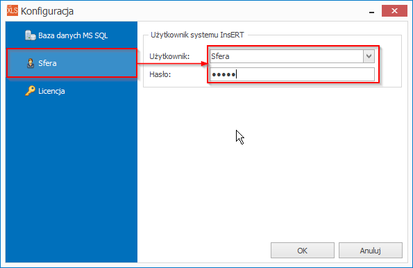2.4.3 Połączenie ze sferą Aby skonfigurować połączenie ze sferą należy w oknie konfiguracyjnym wybrać z menu po lewej stronie okna konfiguracji opcję Sfera, następnie wybrać użytkownika i wpisać jego