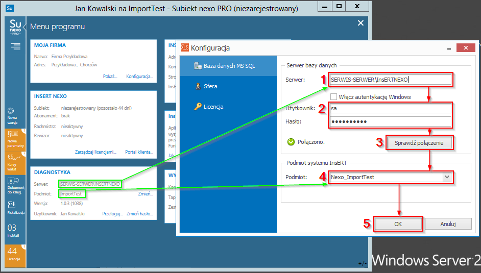 2.4 Konfiguracja połączenia i aktywacja. 2.4.1 Połączenie z serwerem SQL Podczas pierwszego uruchomienia program poprosi użytkownika o podanie danych koniecznych do nawiązania połączenia z serwerem SQL.