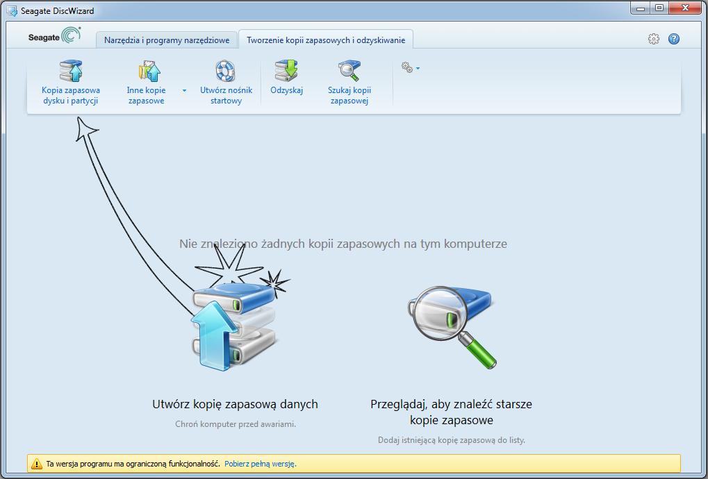 1. Uruchom program Seagate DiscWizard, wybierz kartę Tworzenie kopii zapasowych i odzyskiwanie, a następnie kliknij Kopia zapasowa