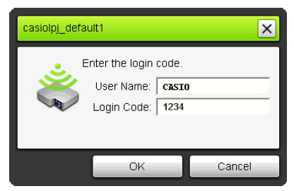 4. Po znalezieniu projektora w sieci pojawi się okno dialogowe, gdzie trzeba wprowadzić nazwę użytkownika i kod podany przez projektor: 5. Zatwierdzić wprowadzenie danych klawiszem [OK] 6.