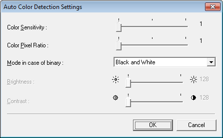 Okno dialogowe [Auto Color Detection Settings] [Ustawienia automatycznego rozpoznawania koloru] Okno dialogowe pojawia się po wybraniu opcji [Auto Color Detection] [Automatyczne rozpoznanie koloru] i