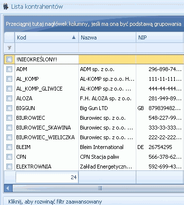 Str. 38 Konfiguracja systemu v.2012.5.1 Grupowanie można wykonywać po wielu kolumnach jednocześnie. Rys. 12 Grupowanie po kodzie dostawcy oraz jednostce miary na liście pozycji cennikowych 4.6.