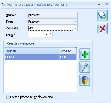 Str. 88 Konfiguracja systemu v.2012.5.1 Rejestr każda forma płatności musi być skojarzona z rejestrem domyślnym prowadzonym w PLN.