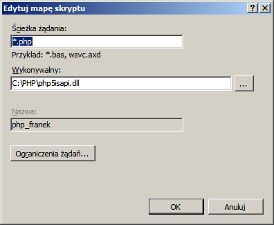 Zapis: 1. Ścieżka wywołania (Request path): *.php, lub inne jeśli mamy takie skrypty obsługiwane przez php 2. Ścieżkę dostępu do pliku wykonywalnego (Executable), np. php5iisapi.dll 3.