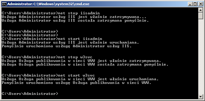 Uruchamianie i zatrzymanie IIS z konsoli Wygodniej zamiast klikać w oknach ZATRZYMAJ, URUCOM jest posługiwanie się wierszem poleceń: 1.