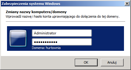 Zrzut 27. Dołączenie testowej stacji roboczej do domeny HURTOWNIA. Niniejszy zrzut z ekranu pochodzi z testowej stacji roboczej. Zrzut 28.