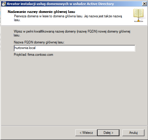 Zrzut 9. Wprowadzenie nazwy domeny HURTOWNIA.