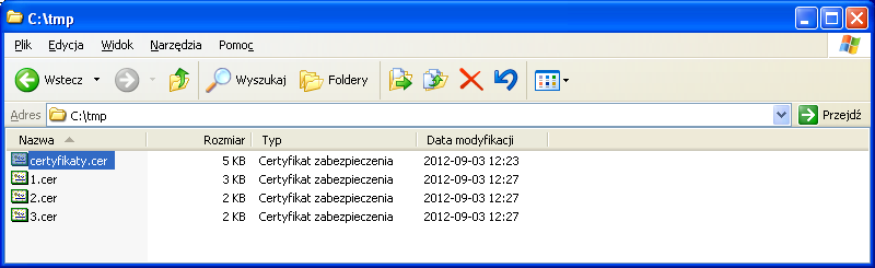 Przykładowe rozbicie pliku certyfikaty.