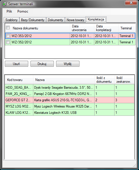 Strona25 Zakładka Kompletacja wyświetla dokumenty wysłane do serwera z terminali po wykonaniu na nich kompletacji, czyli po pobraniu wyspecyfikowanych w nich towarów.