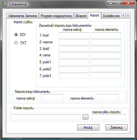 Strona28 Zakładka Import służy do określenia parametrów importu dokumentów na serwer terminali (nie dotyczy Subiekt GT Sfera i Comarch ERP