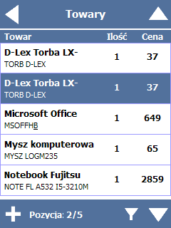 Strona38 TOWARY Funkcja menu głównego Towary otwiera listę towarów w ramach wczytanej na terminal bazy towarowej. Ilość wierszy opisujących towar (maks.