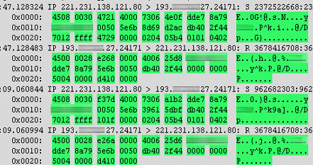 część) połączenia ze źródłowego portu 80/TCP z flagami SYN+ACK połączenia na