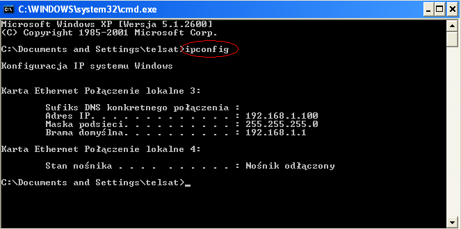 2 of 25 2013-02-12 09:32 W linii komend wpisujemy ipconfig, co pozwoli nam sprawdzić nasz adres IP, maskę sieci oraz bramę domyślną (w rejestratorze wpiszemy później adres IP z tej samej klasy oraz