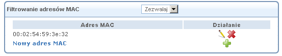 Wpisz adres MAC do filtrowania i kliknij przycisk OK. Lista adresów MAC wyświetlona zostanie w wybranych akcjach filtrowania (zezwalaj/odrzuć) i zostanie wykonana. Rysunek 6.