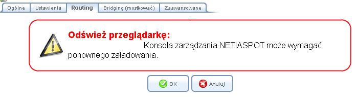 Rysunek 6.167 Most sieciowy WAN-LAN ustawienia trasowania 2. Z menu rozwijanego menu Tryb trasowania wybierz opcję Trasa i kliknij przycisk Zastosuj. Poniżej na ekranie pojawi się ostrzeżenie.