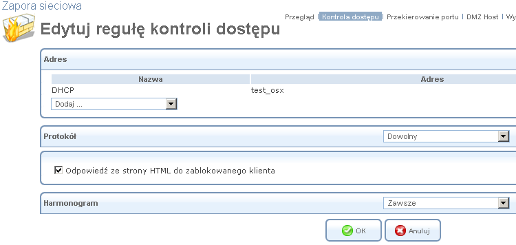 1. Kliknij ikonę Działania, następnie Edytuj regułę kontroli dostępu. Ta sekcja pozwala na edycję wszystkich parametrów, które skonfigurowano przy tworzeniu reguły kontroli dostępu. Rysunek 5.