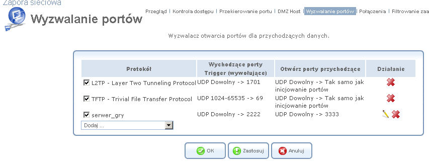 Rysunek 5.23 Edytuj usługę otwartych portów 11. Kliknij przycisk OK, aby zapisać ustawienia. Ekran Edycja usługi prezentuje wprowadzone informacje.