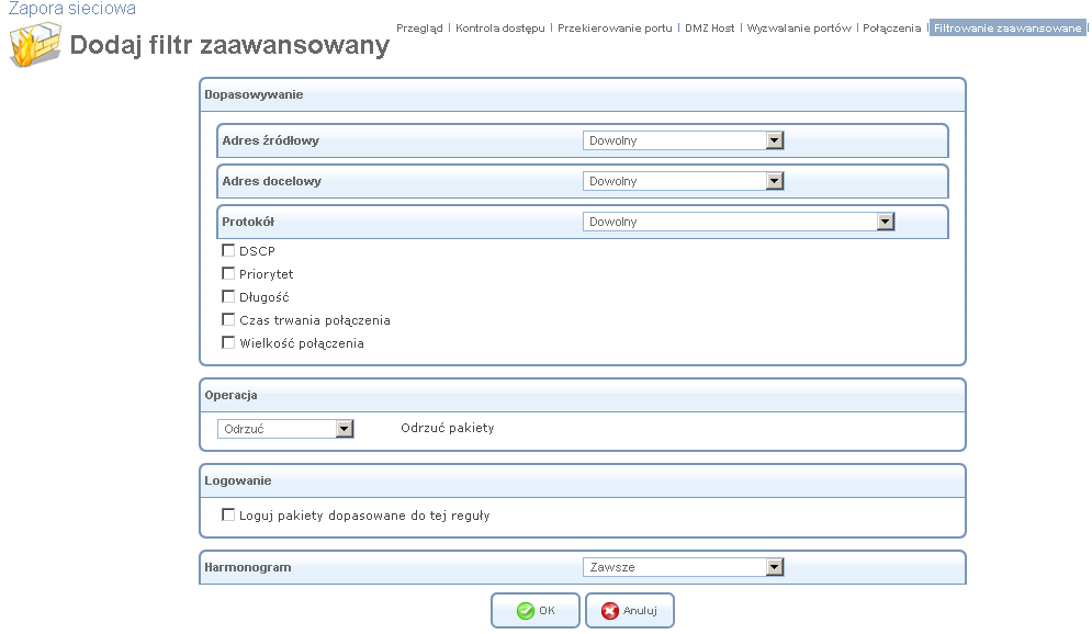 5.2.7.1 Dodawanie reguł wejściowych i wyjściowych Pierwsze dwie części sekcji Filtrowanie zaawansowane, dzieli się na zestaw reguł wejścia i wyjścia.