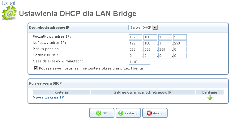 Rysunek 5.60 Ustawienia serwera DHCP dla LAN Bridge 2. Wybierz usługę DHCP: Wyłączony - wyłączyć serwer DHCP dla tego urządzenia. Serwer DHCP - włącz serwer DHCP dla tego urządzenia. 3.