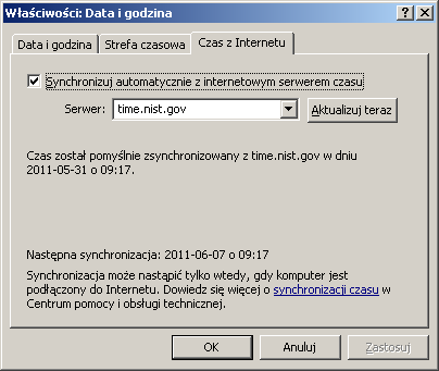 Rysunek 6.6 Windows - właściwości daty i godziny 2. Kliknij Czas z Internetu. Wyświetlony zostanie następujący ekran. Rysunek 6.7 Windows Czas z Internetu 3.