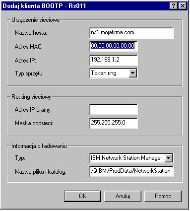 Rysunek 3-11. Dodanie klienta BOOTP. Konfiguracja dla Network Station na przykładzie Rys. 1-2 na stronie 1-4. 9. Kliknij przycisk OK. 10.