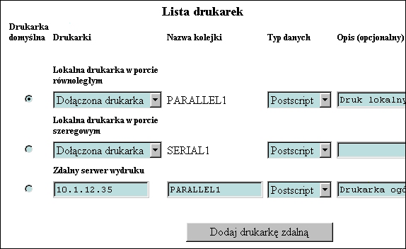 2. Wybierz Parametry domyślne użytkownika i wpisz swoje ID użytkownika (w tym przykładzie USER001). 3. Przewiń ekran do pozycji Lista drukarek.