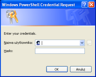 Okno uwierzytelniania Wyświetlanie systemowego okna uwierzytelniania użytkownika umożliwia aplet polecenia Get-Credential. Aplet zwraca obiekt System.