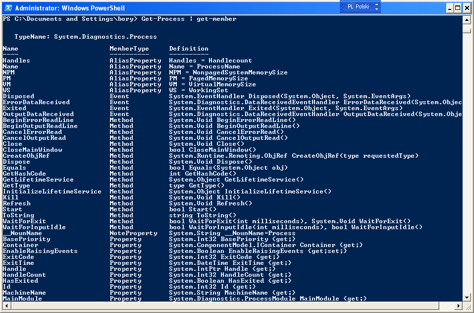 Get-Member Aplet polecenia Get-Member() (alias gm) pozwala wyświetlić nazwy klas obiektów w potoku oraz listy ich właściwości i metod. Klasa.
