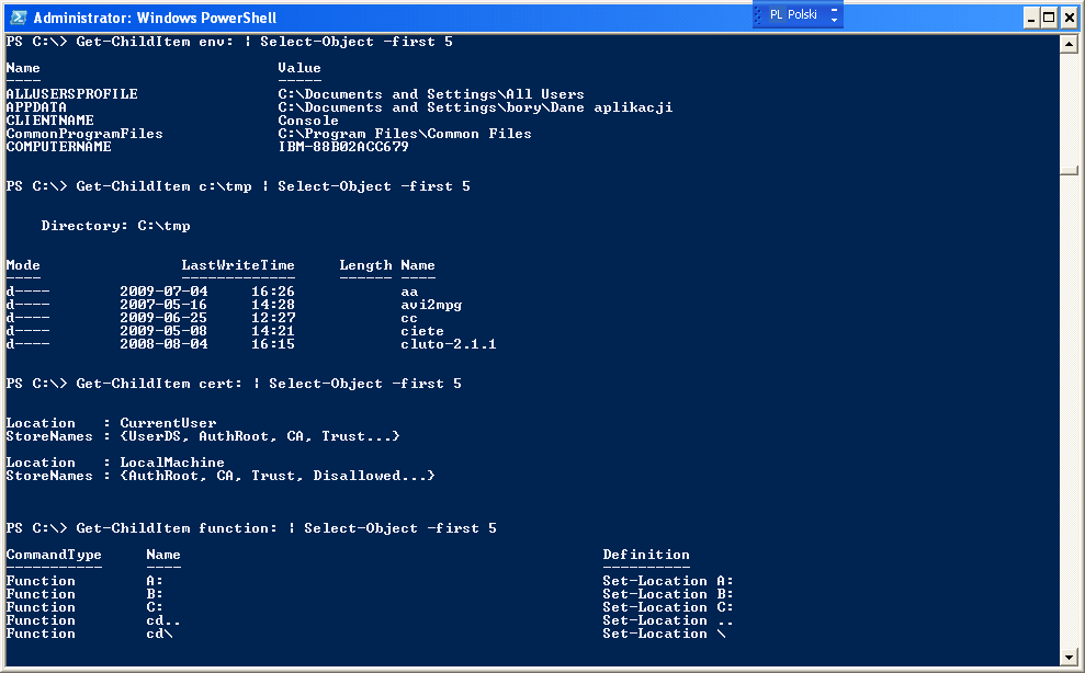 Uniwersalny model nawigacji PowerShell implementuje niezależny od repozytorium model nawigacji. Podstawowe repozytoria to: Zmienne środowiskowe (env).