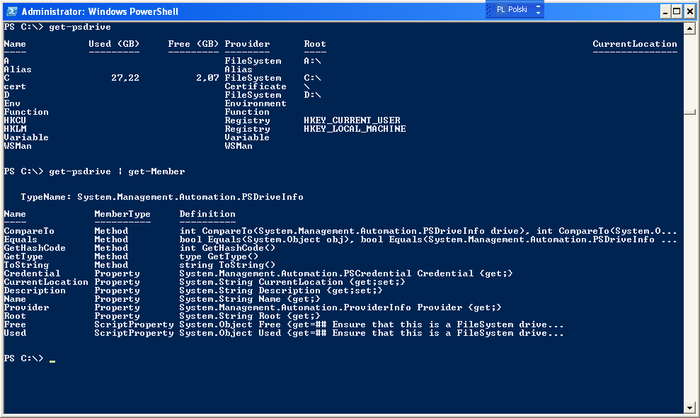 Dostawcy danych i dyski Aplet Get-PSDrive wypisuje listę dostawców danych. Każdy z dostawców zapewnia ujednolicony dostęp metodami Get, Set, New, Remove.