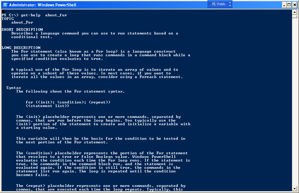 System pomocy Opisy elementów składniowych języka skryptowego PowerShell można wypisać podobnie jak opisy
