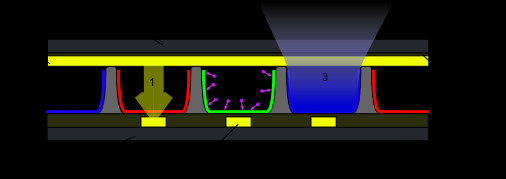 Rysunek 23. Schemat budowy piksela w matrycy plazmowej Najnowszym trendem w telewizji jest ekran trójwymiarowy, tzn. dający złudzenie, że oglądany obraz jest trójwymiarowy.