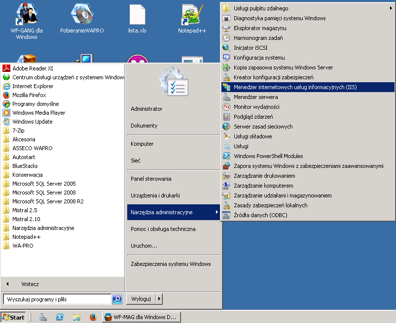 2. Uruchomić Serwer Internetowych Usług Informacyjnych IIS 3. Wybór puli. Z drzewa podrzędnego serwera wybrać pulę aplikacji współpracującą z witryną web systemu Mistral.