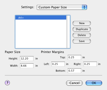 Ustawianie sterownika PPD (Mac OS X) 10 Custom Page Size 1 Wybierz "Page Setup" lub "Paper Setup" z menu "File". 2 W przypadku Mac OS X 10.3 z Ustawień należy wybrać "Format papieru użytkownika".