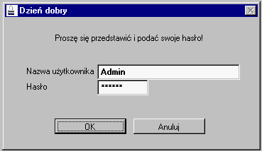 12 LiderFK 2 Funkcje wspólne dla programów systemu lider 2.1 Wejście do systemu Po uruchomieniu program oczekuje na podanie nazwy oraz hasła użytkownika (rysunek poniżej).