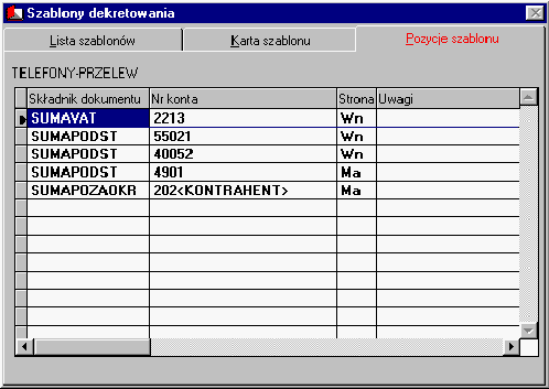 Opis menu programu Lider FK 51 Pozycje szablonu dekretowania określają sposób, w jaki program utworzy dekrety.