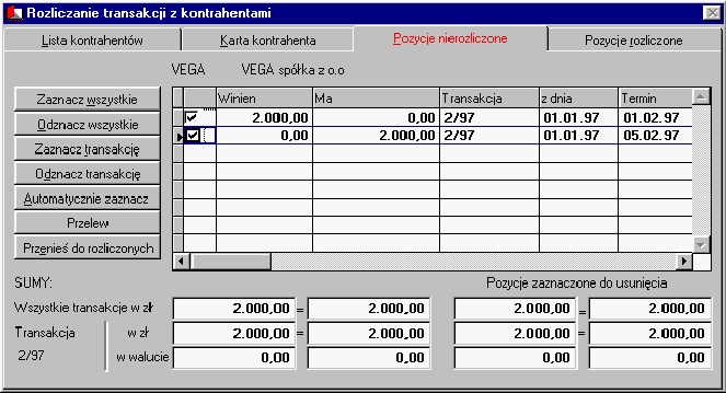 64 LiderFK Automatyczne rozliczanie, tak samo jak ręczne, tylko zaznacza transakcje do usunięcia. Program wybiera transakcje do zaznaczenia kierując się numerem transakcji.