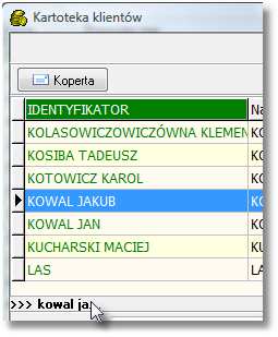 Pole identyfikator jest złożeniem pól nazwisko/nazwa oraz imię. Aby w liście wyszukać odpowiedni wpis, po przesortowaniu, należy rozpocząć wpisywanie wyszukiwanego wyrażenia.